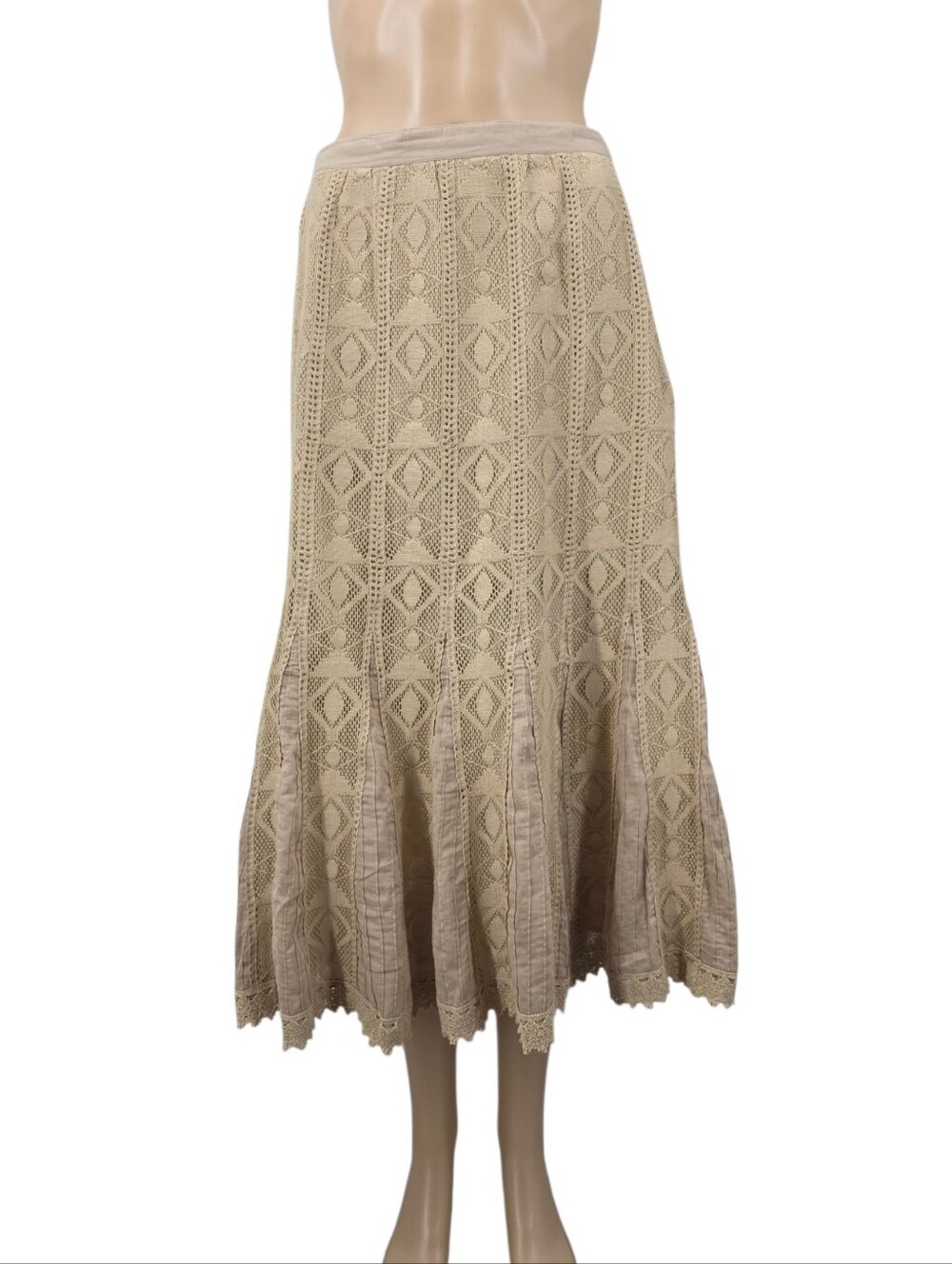 Coldwater Creek Lace Cotton Pleated Midi Skirt Boho Coastal Cowgirl Tan Vintage